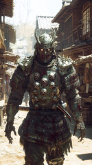 A samurai wearing menacing armor made from oni material, with a helmet, walking through an Edo period town during bright daylight