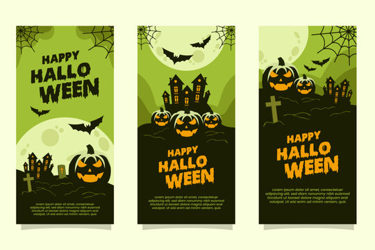 Halloween banner stories background social media scary scene with pumpkin, haunted house, tombsctone