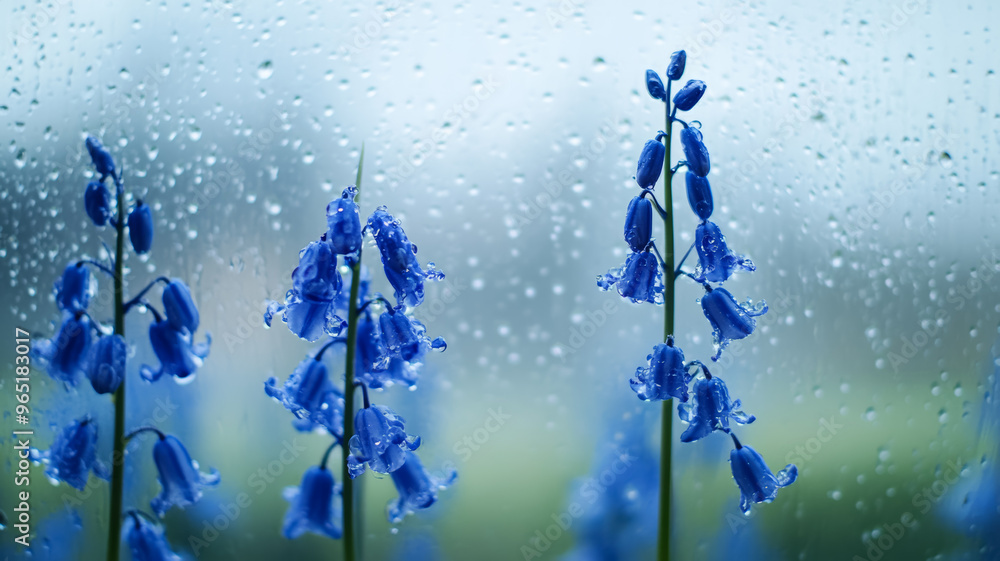 Poster Delicate bluebells against a fogged glass pane with water streaks 