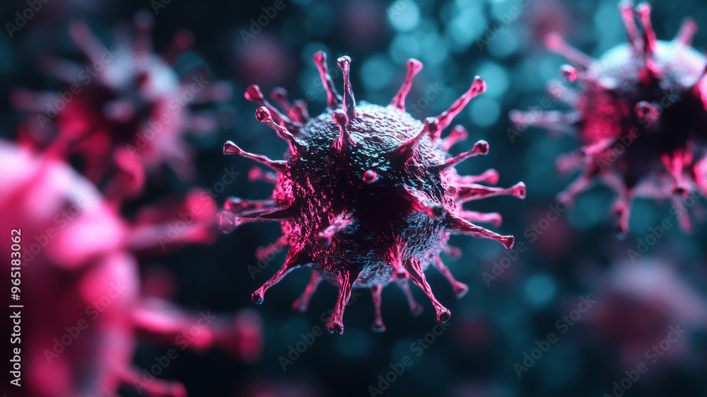 Poster detailed viruses with tentacle like structures in electric colors on a textured dark background