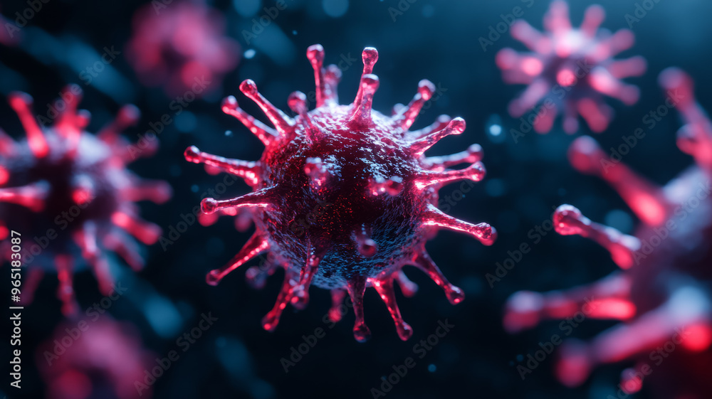 Poster detailed viruses with tentacle like structures in electric colors on a textured dark background