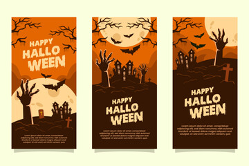 Halloween background templates with scary theme frames. Zombie hands, tombstones, flying bats for social media