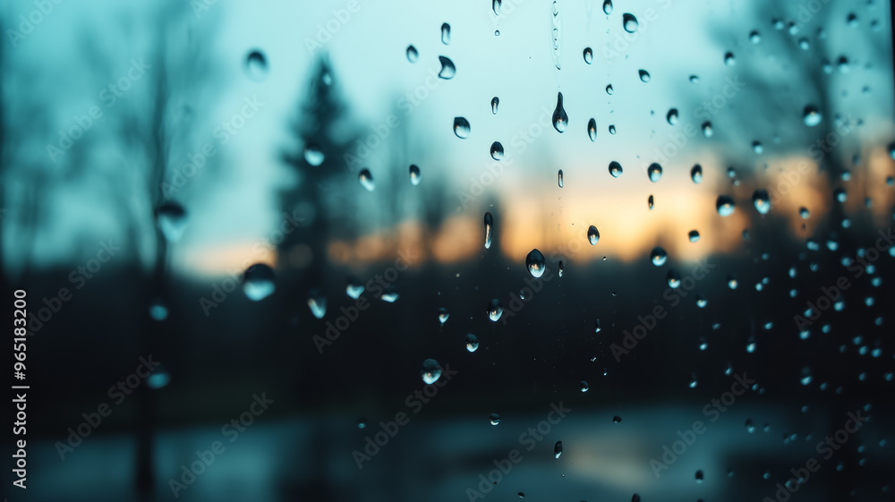 Poster drops of water creating patterns on a window with the silhouette of trees in the background