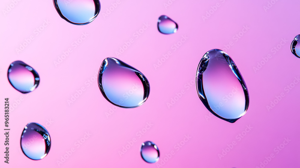 Poster drops of water on glass creating abstract shapes with a gradient pink and purple background