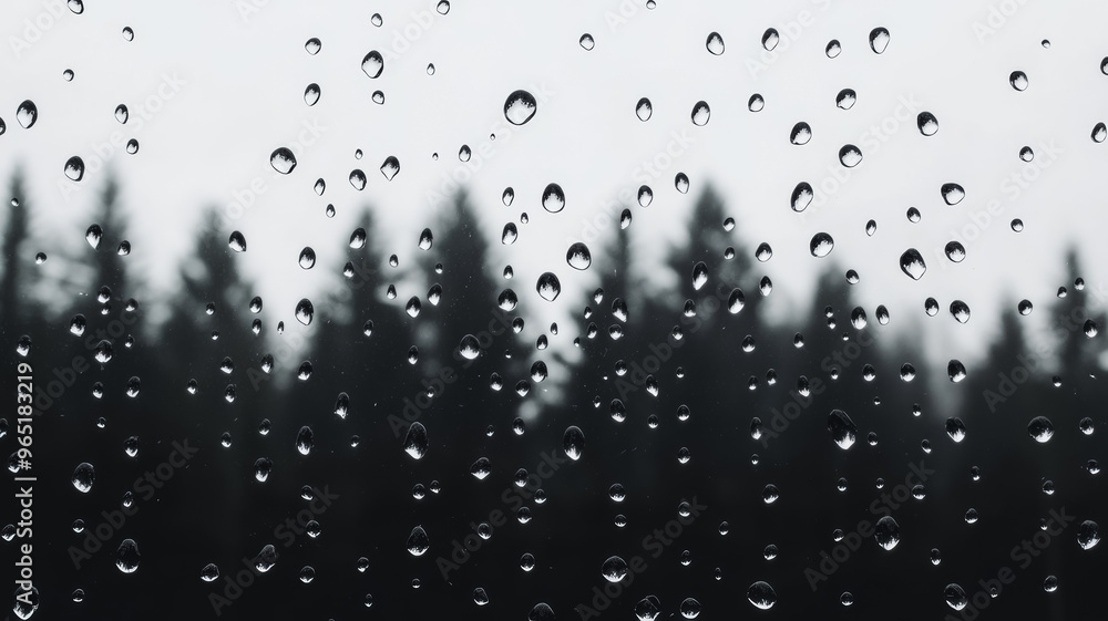 Poster drops of water creating patterns on a window with the silhouette of trees in the background