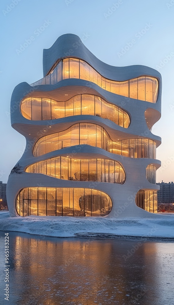 Aufkleber modern building with unique curves and lit windows. this is a photo of an architectural marvel, show