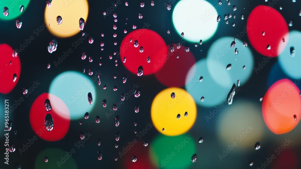 Poster fine water droplets on a window with colorful bokeh lights in the background