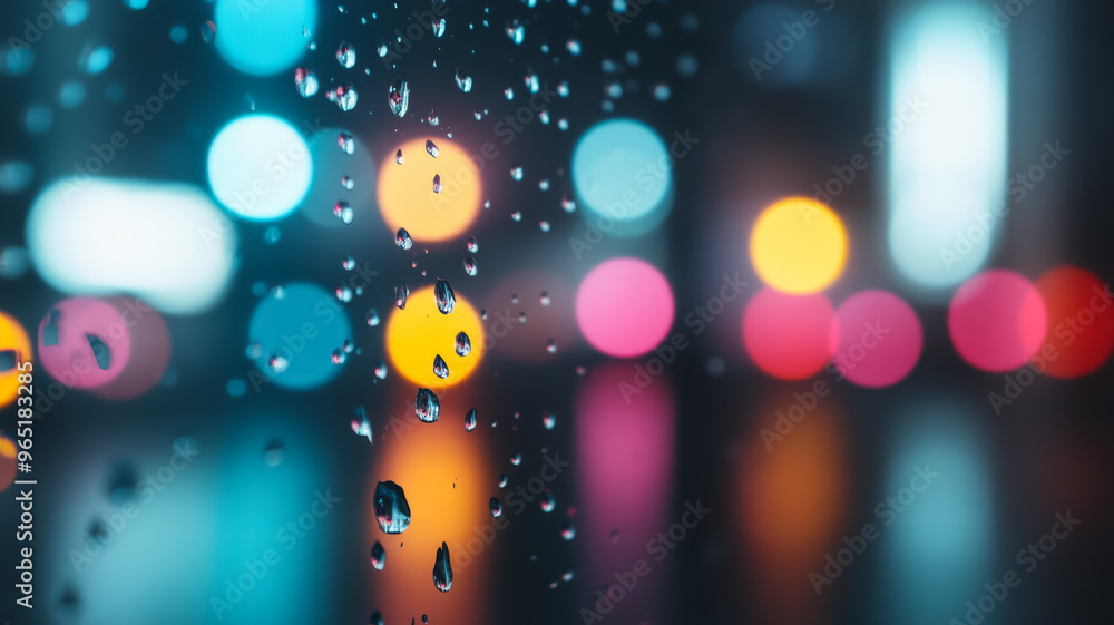 Aufkleber fine water droplets on a window with colorful bokeh lights in the background