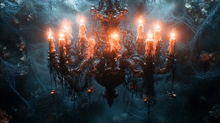 Naklejka premium A gothic chandelier hanging in a dark, moody room, draped in black lace and fake cobwebs with plastic spiders hanging from the arms. The chandelier's flickering candles cast soft, eerie shadows,