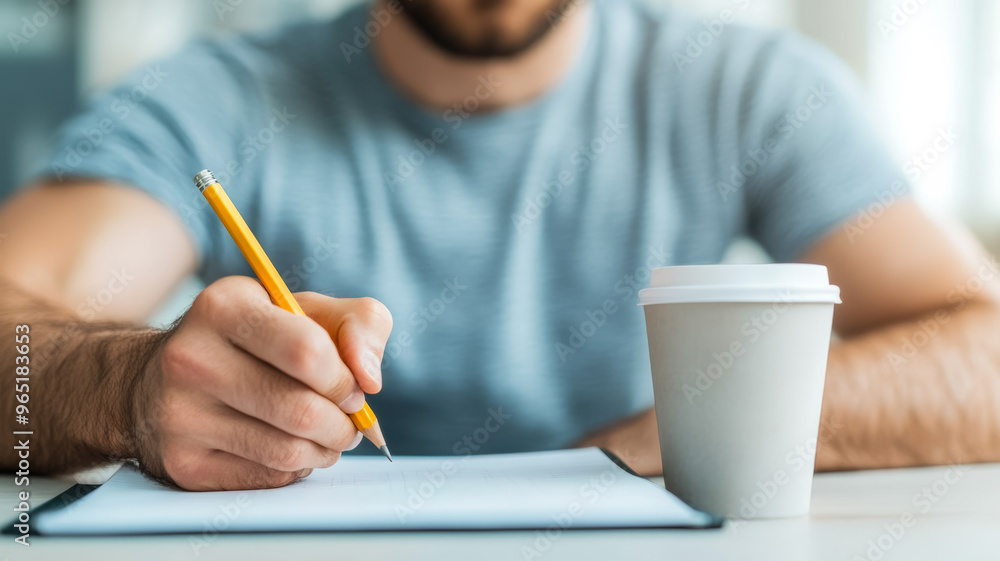 Poster hand sketching a light bulb idea on a notepad with pencil and coffee cup in view