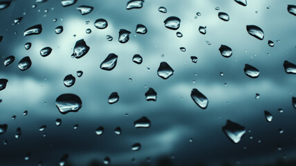 Heavy raindrops on glass with dark storm clouds in the background 
