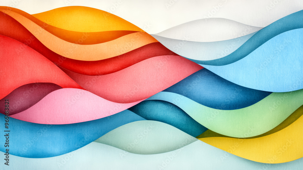 Poster layered abstract shapes in pastel paper textures with a grid of fine lines