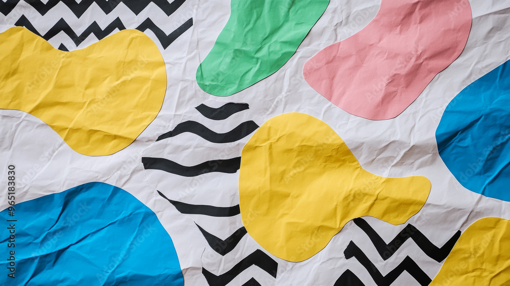 Poster layered abstract shapes in pastel paper textures with a grid of fine lines