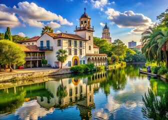 Iconic Spanish colonial-style architecture of a historic Texas landmark situated on a tranquil river, surrounded by lush greenery and vibrant cityscape in the background.