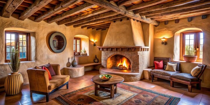 Pueblo revival house featuring a kiva fireplace in the living room, Pueblo, revival, house, kiva, fireplace, southwest