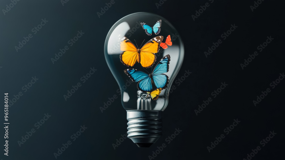 Poster light bulb with colorful butterflies trapped inside on a dark background