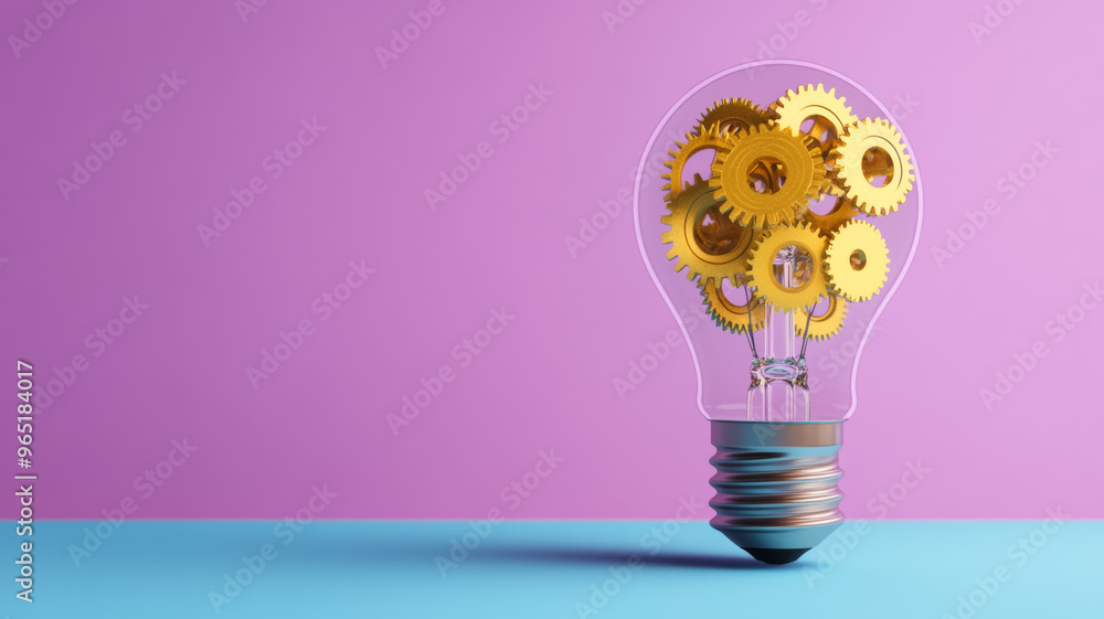 Poster light bulb with golden gears and cogs inside on a gradient blue to purple background