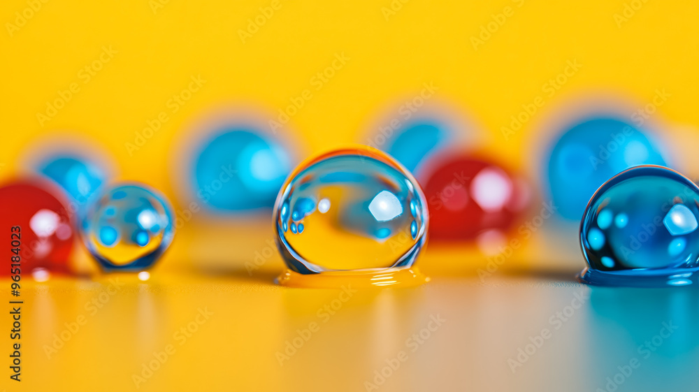 Poster macro shot of yellow red and blue paint bubbles with a soft blurred gradient background
