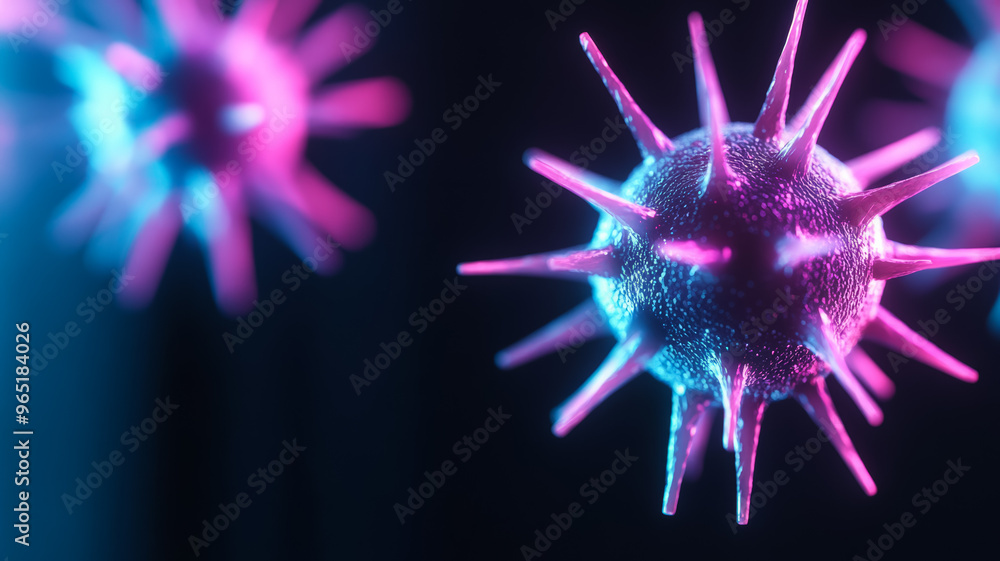 Poster magnified close up of viruses with colorful spikes and glowing structures on a soft black background