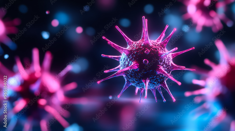 Poster magnified close up of viruses with colorful spikes and glowing structures on a soft black background