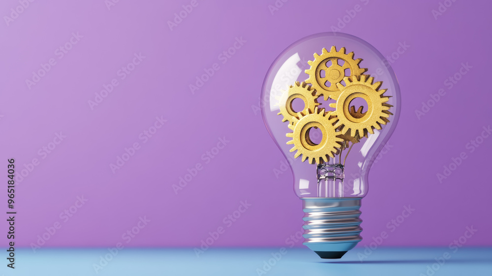 Poster light bulb with golden gears and cogs inside on a gradient blue to purple background