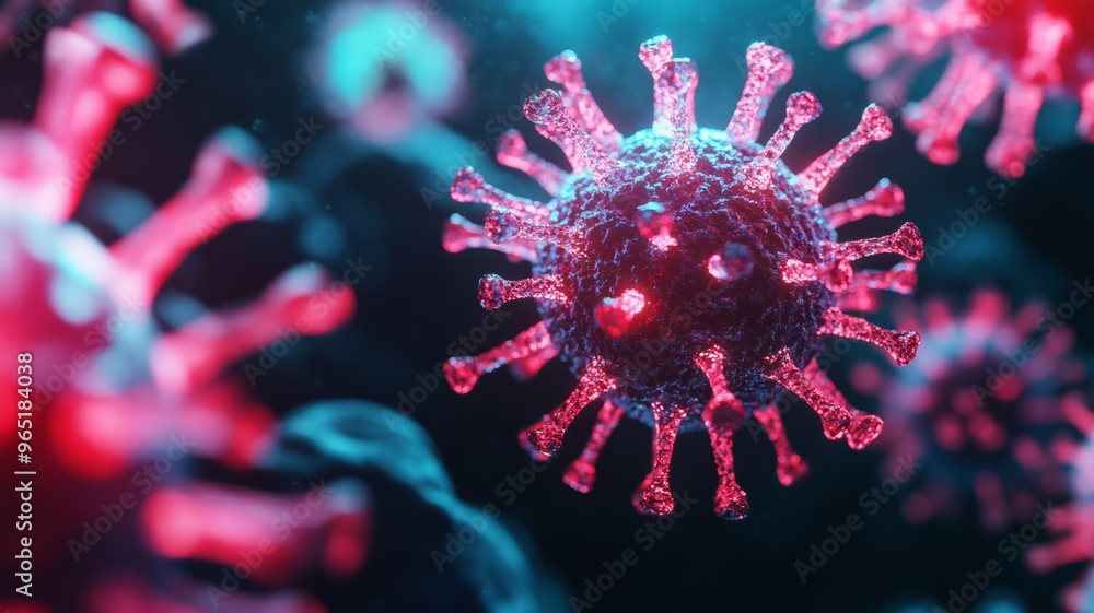 Poster magnified close up of viruses with colorful spikes and glowing structures on a soft black background