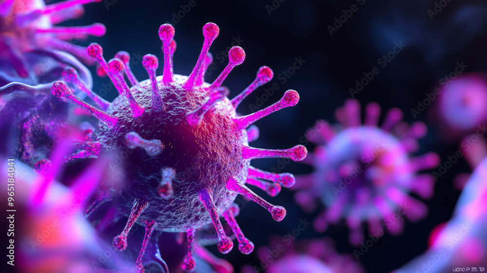 Poster magnified close up of viruses with colorful spikes and glowing structures on a soft black background