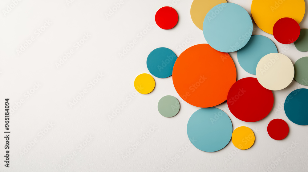 Poster minimalist layout of colorful paper strips and circles with subtle shadow effects on a neutral backd