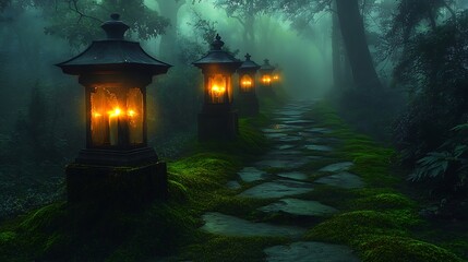 A haunted garden path illuminated by flickering candles inside antique lanterns, with the light casting eerie, dancing shadows on the mossy stone pathway. A heavy fog blankets the ground,