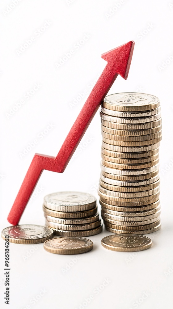 Poster stack of coins with a red downward arrow, illustrating the effect of falling interest rates on savin