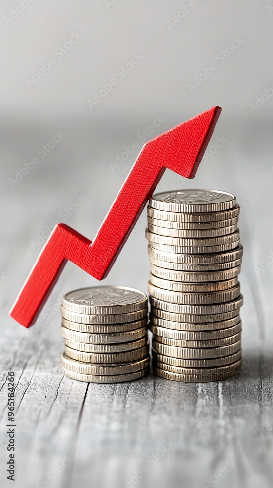 Poster stack of coins with a red downward arrow, illustrating the effect of falling interest rates on savin