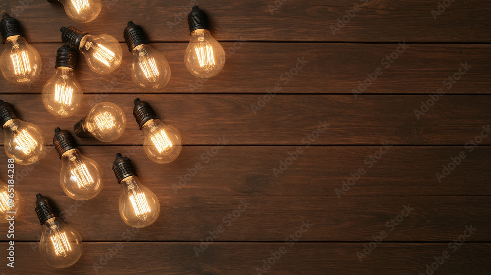 Poster overhead view of multiple light bulbs with different filaments on a rustic wooden table