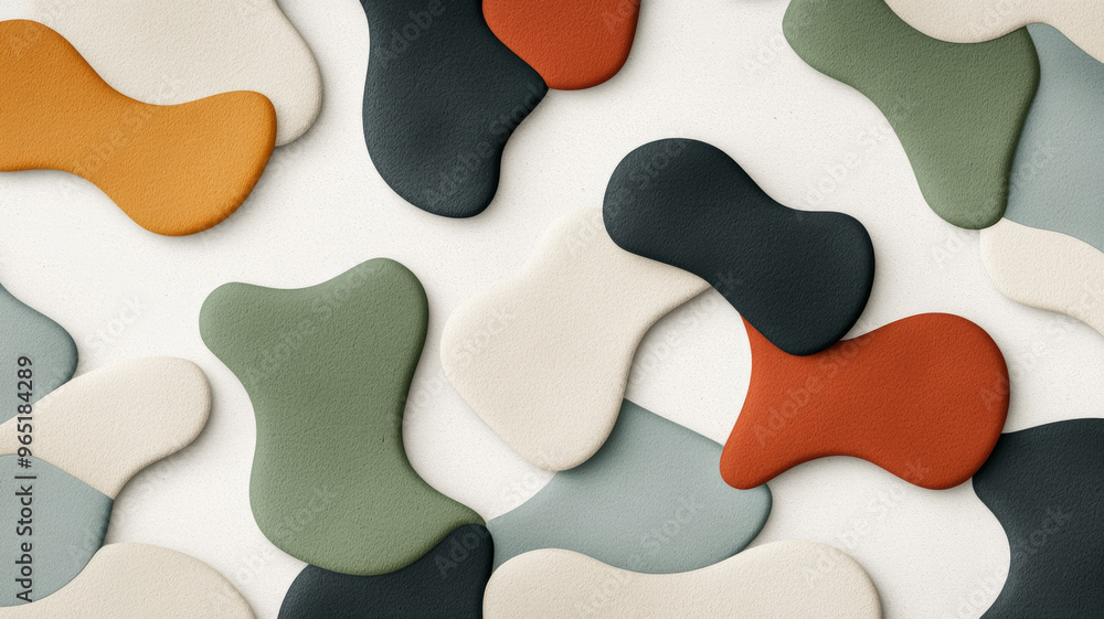 Poster organic shapes in muted paper textures with asymmetric lines on a soft grey background