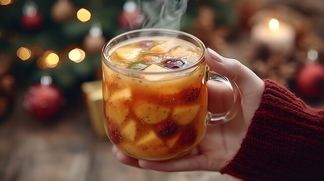 A hands-on shot of someone holding a steaming mug of Ponche Navide&ntilde;o with guava, tejocote, and sugarcane floating inside.