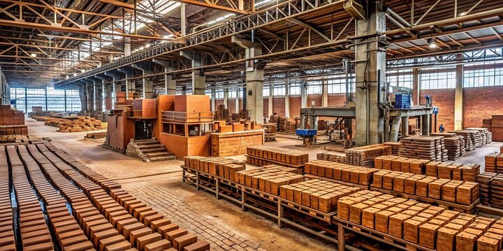 Industrial setting with rows of brick molds, piles of raw clay, and machinery humming in the background, capturing the raw process of brick manufacturing.