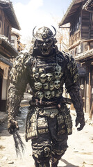 Obraz premium A samurai wearing menacing armor made from oni material, with a helmet, walking through an Edo period town during bright daylight