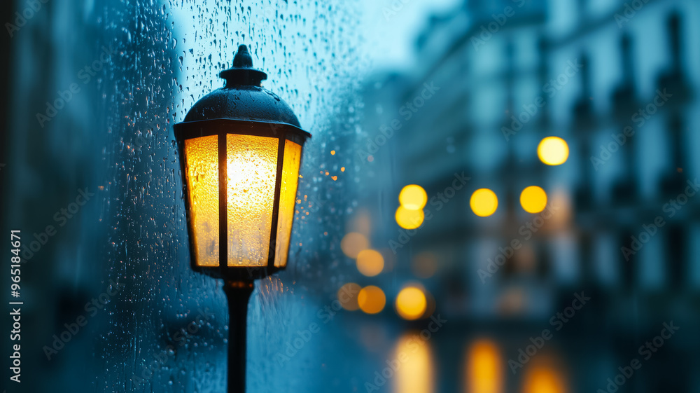 Poster rain droplets clustered on a window with a glowing street lamp in the distance