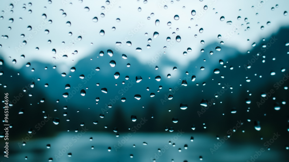 Poster raindrops on a fogged window with a distant mountain landscape barely visible in the background