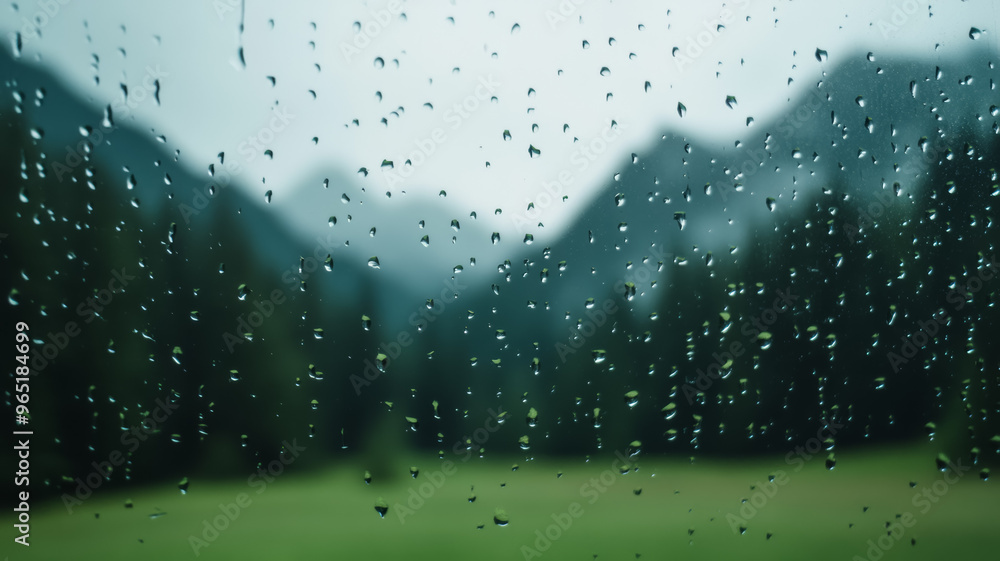 Poster raindrops on a fogged window with a distant mountain landscape barely visible in the background