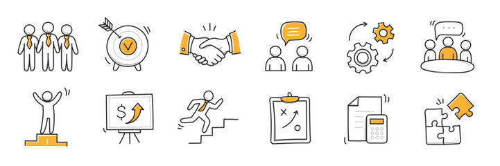 Hand drawn icon sketch business office career set. Doodle hand drawn business office target, finance group work, career teamwork strategy. Target, puzzle, chart element. Vector illustration.