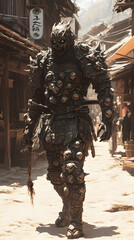 Naklejka premium A samurai wearing menacing armor made from oni material, with a helmet, walking through an Edo period town during bright daylight