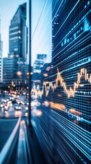 Obraz premium Digital display showing falling interest rates with a cityscape in the background, economic outlook