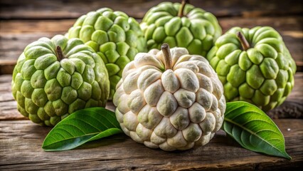 Obraz premium Perfectly ripened sugar apples with their smooth green exteriors and creamy white centers rest on a distressed wooden