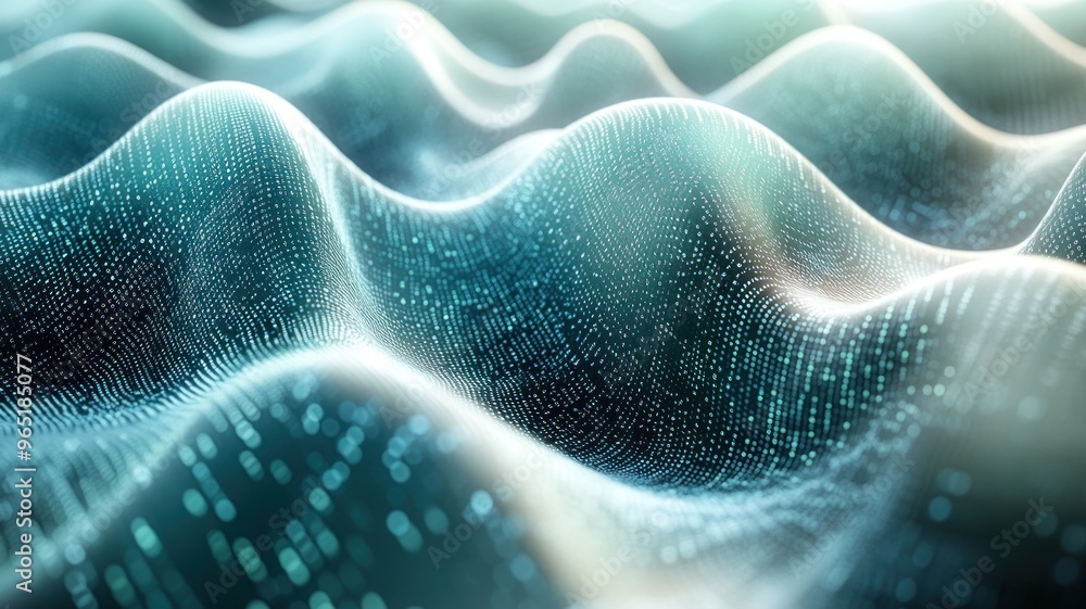 Poster abstract representation of flowing waves with digital elements.