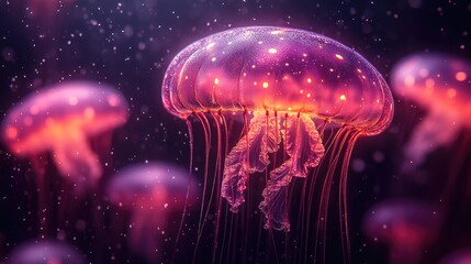 A mesmerizing jellyfish glows in the dark. This stunning image is ideal for illustrating concepts of the ocean, nature, or science.