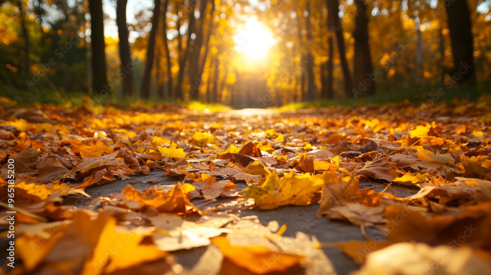 Poster sunlit path covered in autumn leaves with trees fading softly in the background