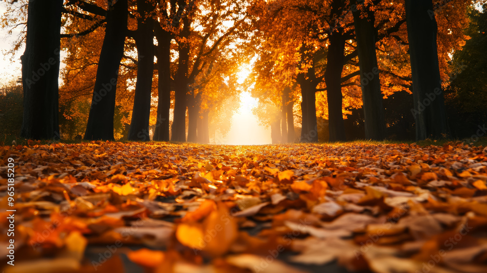 Poster sunlit path covered in autumn leaves with trees fading softly in the background