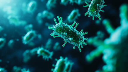 Swirling bacteria in neon blues and greens under magnification against a darkened microscopic field 