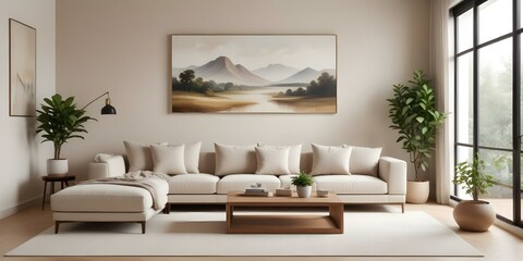 A modern living room with a large beige sofa, a wooden coffee table, and a landscape painting on the wall. The room has a minimalist and cozy feel