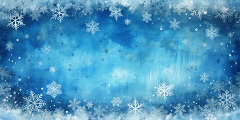 Fototapeta premium Winter Wonderland Watercolor Blue Sky with Falling Snowflakes, Watercolor, Snowflakes, Blue, White, winter, holiday